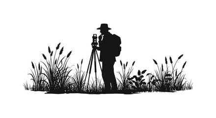A surveyor with equipment amidst tall grasses a striking black and white silhouette