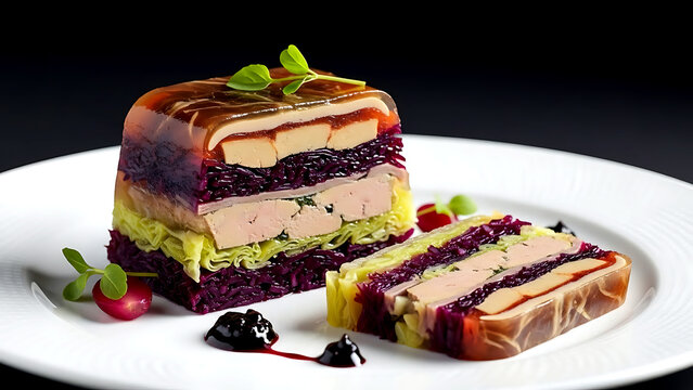Haute cuisine. French Terrine de Li&egrave;vre &agrave; la Royale reinterpreted with cabbage, featuring layers of hare, foie gras, fine brunoise of spiced red cabbage in an aspic, with a port gel&eacute;e 