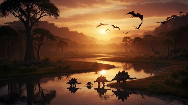 Dinosaurs Gather by the Water as the Sun Sets Over a Prehistoric Landscape Featuring Flying Reptiles and a Serene River