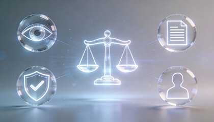 Digital transparency and legal oversight concept with glowing scales of justice inside glass sphere surrounded by icons for eye monitoring privacy shield document and user profile