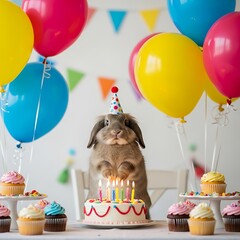 Adorable bunny celebrates a special occasion with a decorated cake and colorful balloons