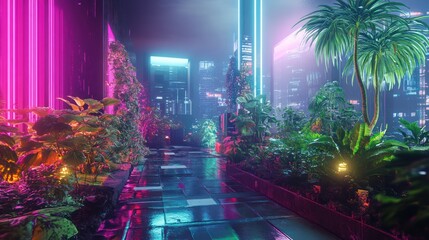 Neon cityscape illuminated with vibrant colors