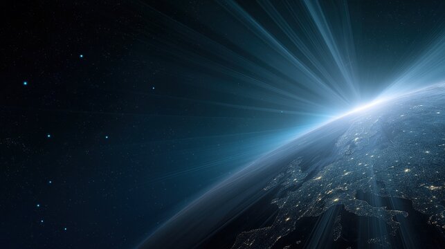 Abstract blue light rays emanating from earth to space with starry sky planet and European city lights at night for science technology theme - Powered by Adobe
