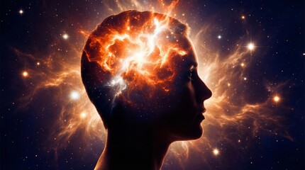 Profile silhouette of a human head illuminated by an intense fiery cosmic nebula representing profound thought inspiration and universal consciousness connection