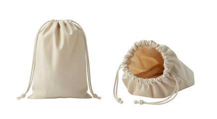 Two white drawstring bags white bags isolated on a transparent background