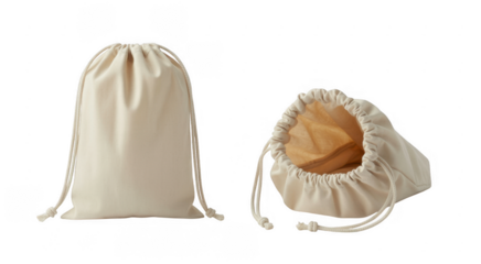 Two white drawstring bags white bags isolated on a transparent background