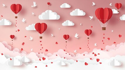 Red heart-shaped hot air balloons soaring through a serene pink sky with fluffy clouds