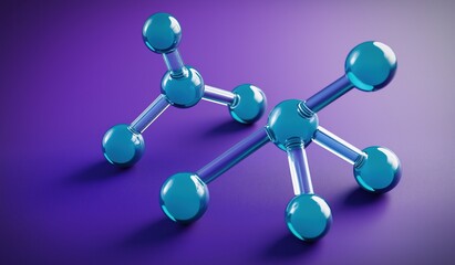 Two blue and teal glass molecule models on purple background presenting modern scientific abstract form and clean visual concept
