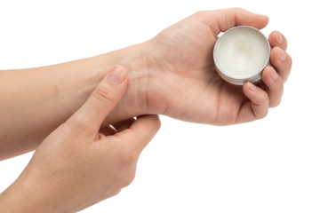 Applying moisturizing balm to wrist, healthy skin care on white background.