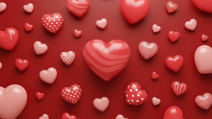 A collection of hearts in various shades and patterns on a red background