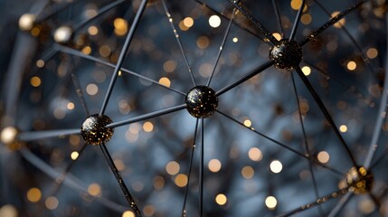 Abstract interconnected spheres with golden light bokeh