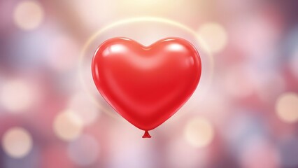 Red heart-shaped balloon floating in a bright, festive atmosphere with blurred lights