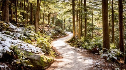 Fototapeta premium Winding woodland path traverses hillside covered with residual snow and vibrant green ferns