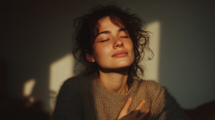Peaceful Young Woman Meditating in Golden Sunlight
