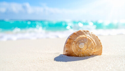 Obraz premium A seashell lies on a sandy beach near the ocean waves on a sunny day.