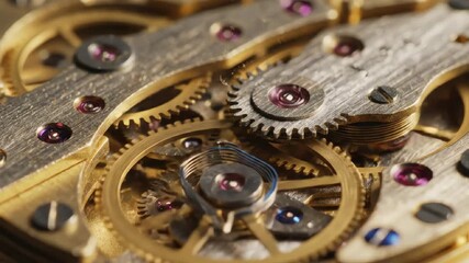 Close up detailed view of intricate mechanical watch movement gears and balance wheel