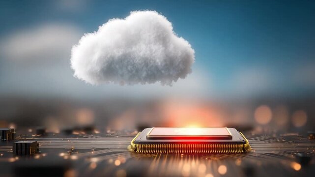 Cloud computing data storage: An artistic rendering of a cloud suspended above a processor, depicting the modern paradigm of data storage and access.