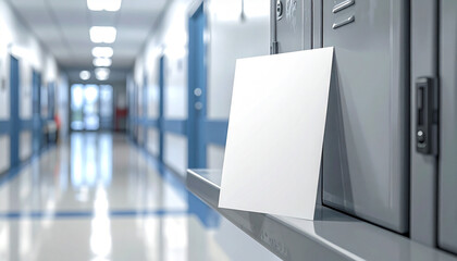 Blank note on school locker in empty corridor with blue trim and shiny floor