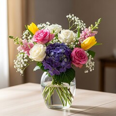 Vibrant floral centerpiece with roses, tulips, and hydrangeas arrangement