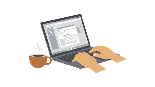 Hands typing on laptop with coffee cup nearby.