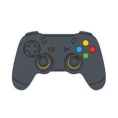 Illustration of a modern video game controller with dual sticks and colorful buttons.