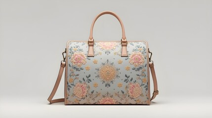 Beautiful floral women laptop bag with soft colors, feminine design, clean background, stylish fashion accessory for modern lifestyle concept.