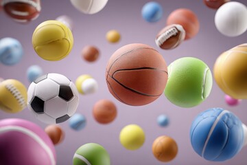 Colorful sports balls float in mid-air against a soft backdrop showcasing various types of athletic equipment in a vibrant display