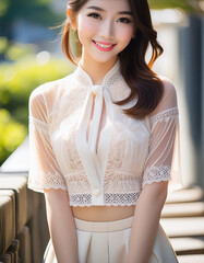 白いトップスを着た若い女性のポートレート、胸を強調した服装。愛らしくて艶っぽい女性。