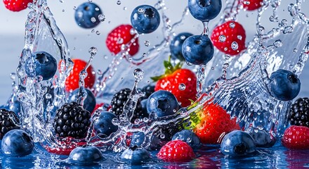 Vibrant mixed berries collide dramatically with splashing clear liquid