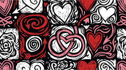 Seamless Hand-Drawn Love Pattern with Hearts and Swirls
