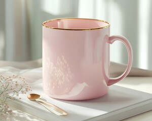 Pink ceramic mug with lid and spoon