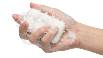 Fototapeta premium Hand Holding Soap Bar with Bubbles