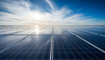 Vast Solar Panels Perfect Sky Reflection: Blue Array Clouds White Sun Mirror