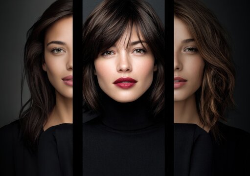 Studio portrait of three beautiful women with different hair and makeup styles, each wearing a different black blouse or turtleneck, against a dark background.
