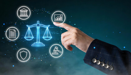 Digital justice and legal technology concept with businessman hand touching holographic scale of justice courthouse gavel document shield and financial growth chart icons