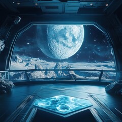 Spacecraft interior and distant planet view