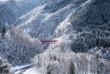 雪景色と赤い橋
