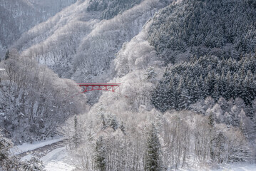 雪景色と赤い橋