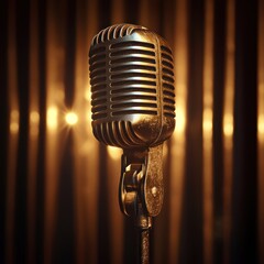 Vintage microphone close up golden audio equipment