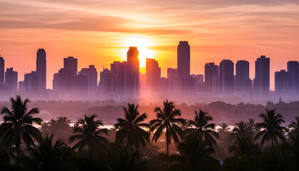 Palm Tree Skyline: Cityscape with Palm Trees and Soft Pastel-Colored Skies