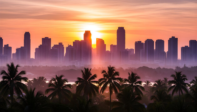 Palm Tree Skyline: Cityscape with Palm Trees and Soft Pastel-Colored Skies