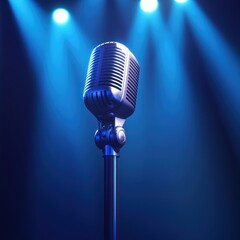 Vintage microphone on stage with blue lighting