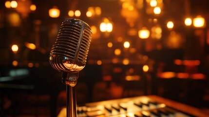 Vintage microphone on stage with bokeh background