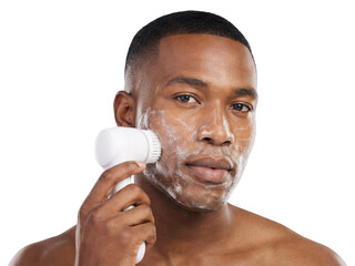 African American Man Using Facial Cleansing Brush, Isolated
