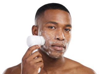African American Man Using Facial Cleansing Brush, Isolated