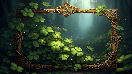 gold ornate frame with green clover leaves and twinkling lights transparent background