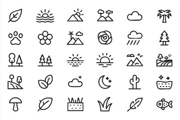 Fototapeta premium Nature and Landscape Icons with Weather, Mountains, Plants and Outdoor Symbols