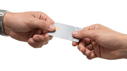 Two male hands exchanging blank silver credit card with chip isolated on transparent background
