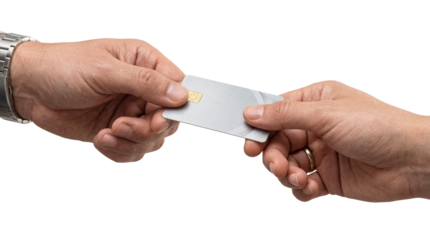 Two male hands exchanging blank silver credit card with chip isolated on transparent background