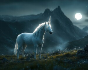 White horse silhouette moonlit mountain landscape